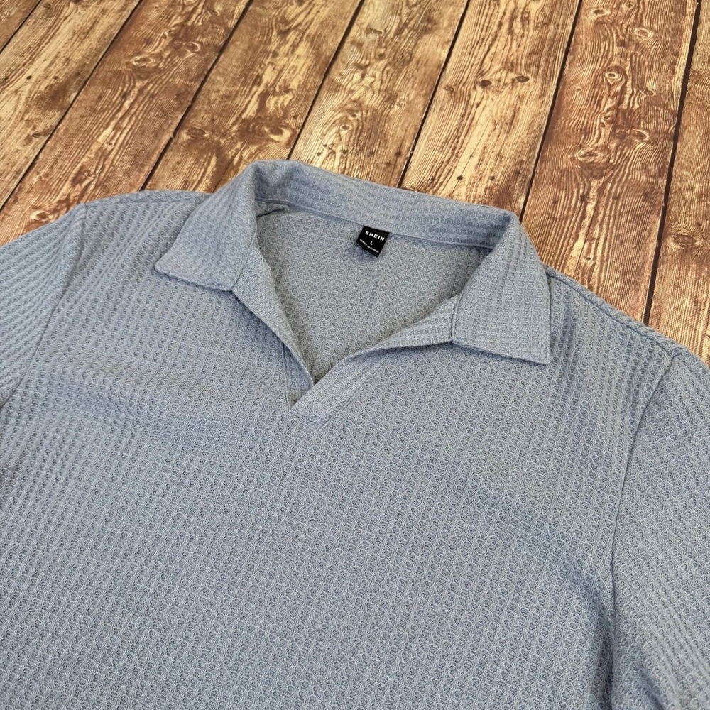 SHEIN Waffle Knit Polo Shirt Mens Large Blue Short Sleeve V Neck